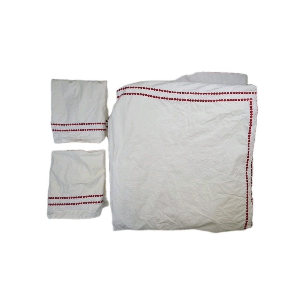 POTTERY BARN Pearl Dot Red Embroidered Full/Queen Size Duvet Cover + 2 Shams Set